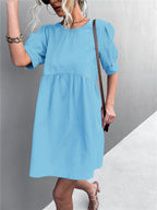 Damen lässiges Kurzarmkleid mit elastischem Bund und voluminösen Ärmeln R&B