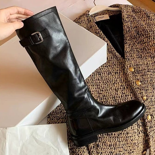 Damen Überknie-Stiefel aus hochwertigem Leder mit robustem Reißverschluss und modischen Schnallen R&B