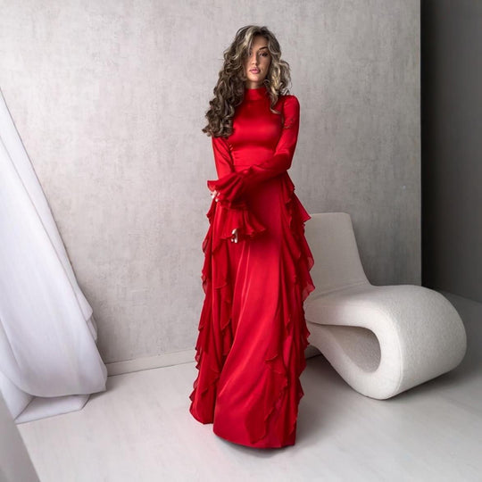 Damen Maxikleid im eleganten Rüschendesign mit Langarm R&B