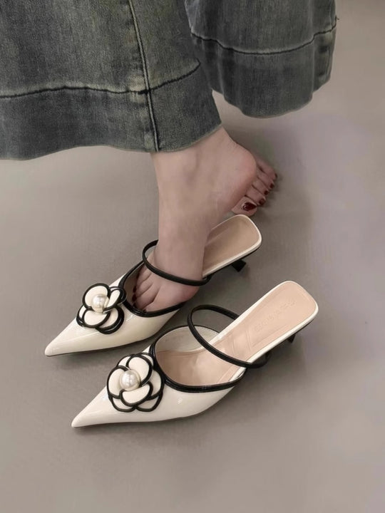 Damen Slingback Mules mit floralem Design und Perlenakzent R&B