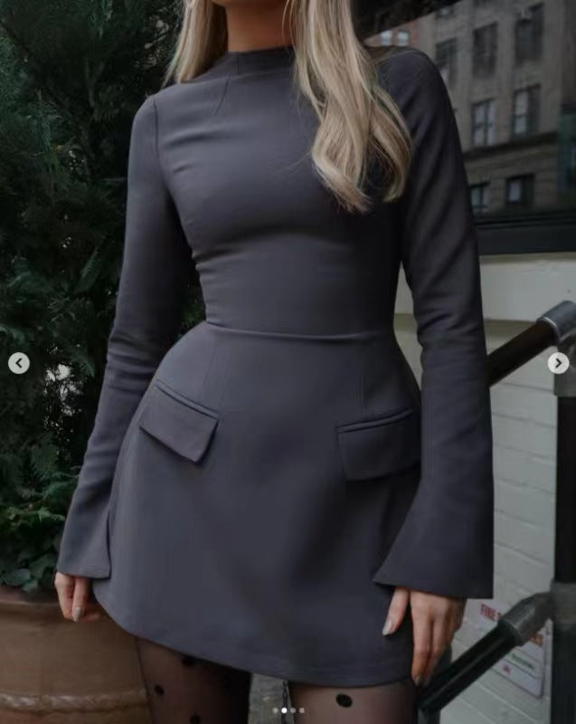 Damen figurbetontes Minikleid mit seitlichen Taschen und weitem Arm
