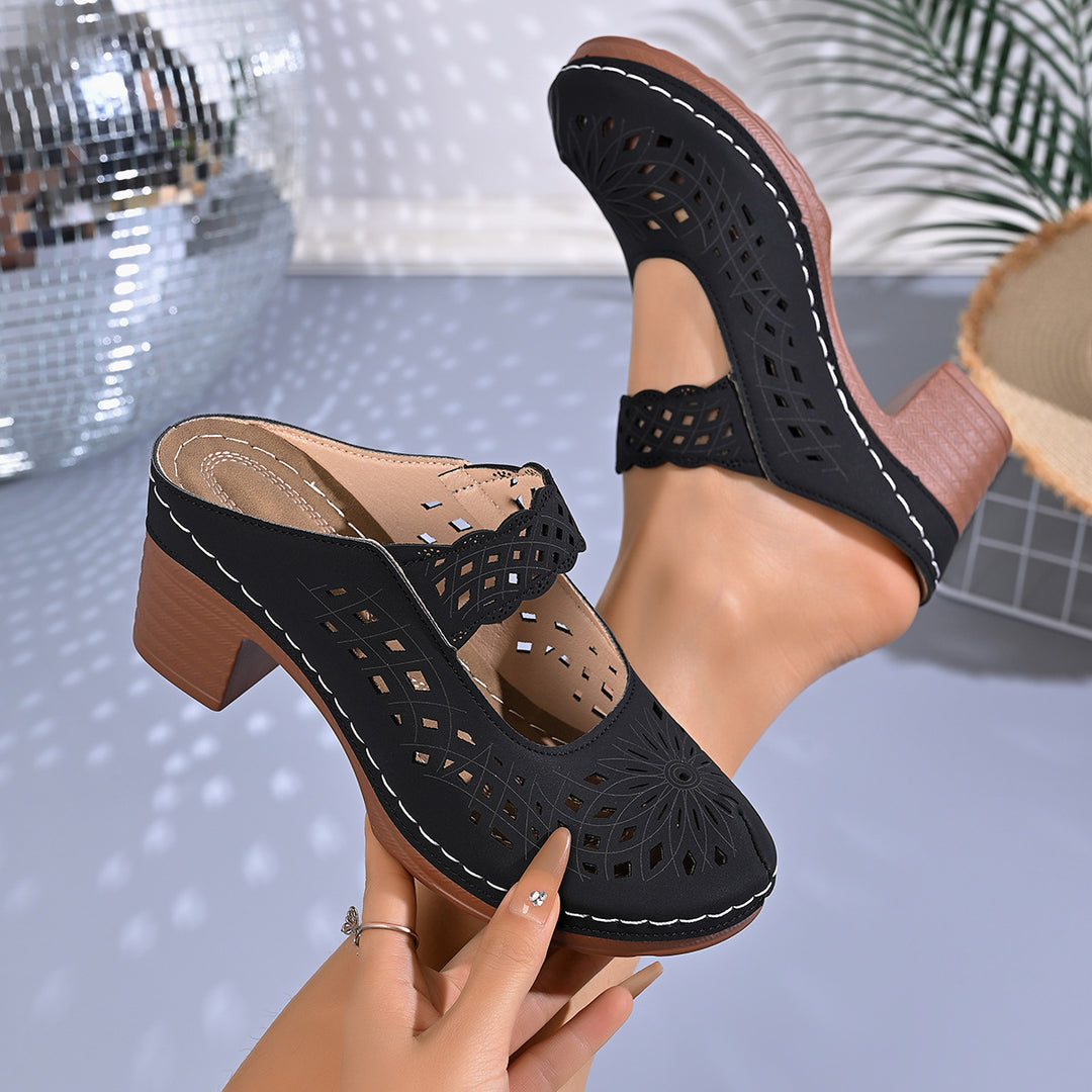 Damen Offene Blockabsatz-Pantoletten mit dekorativem Lochdesign R&B