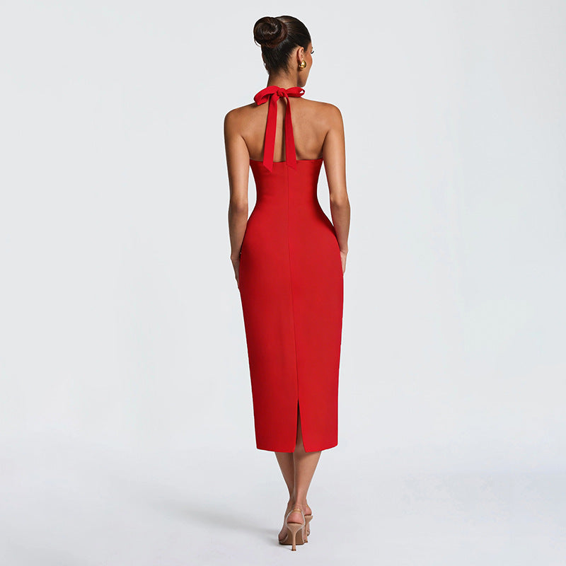 Damen Figurbetontes Midi-Kleid mit Herzausschnitt und verstellbaren Trägern R&B