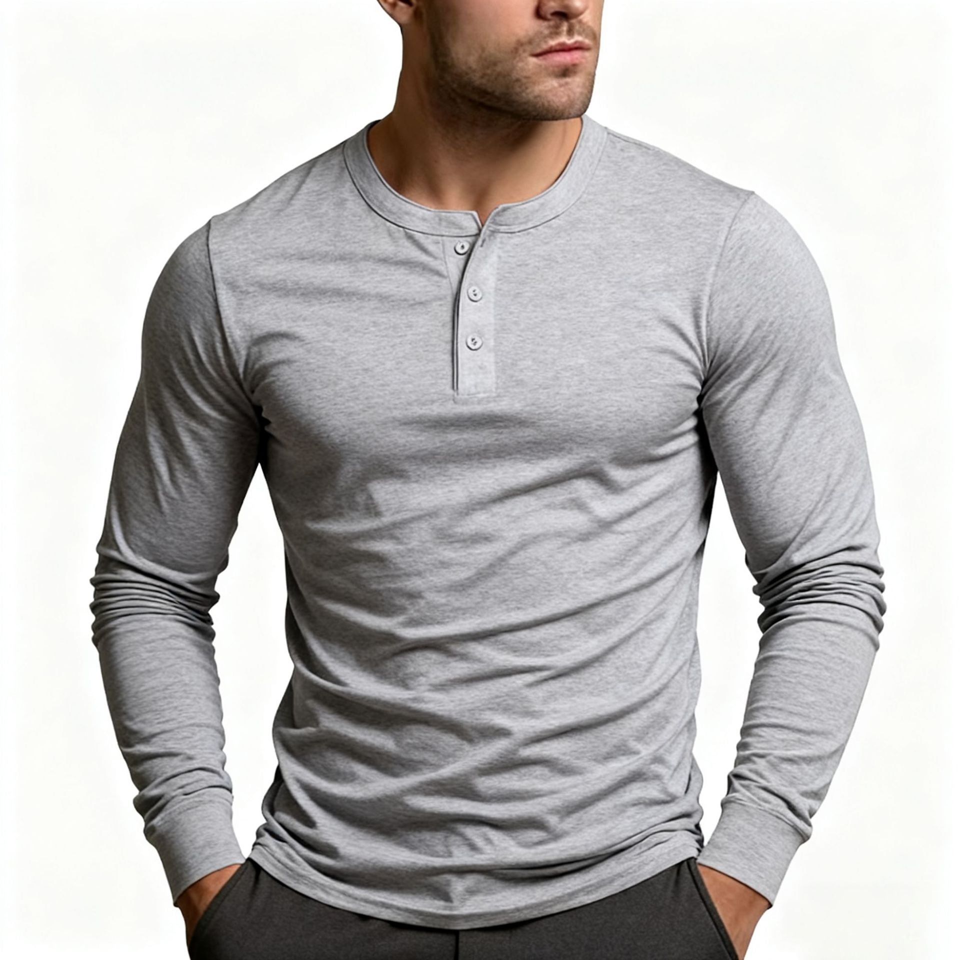 Herren Langarm-Henley-Shirt mit klassischem Knopfdetail und körpernaher Passform R&B