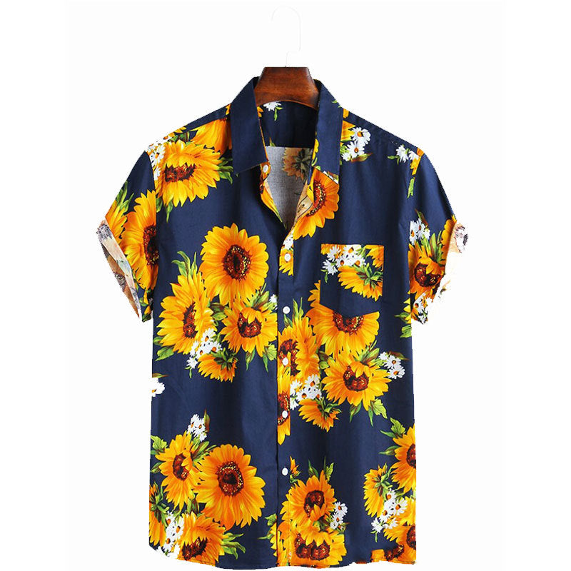 Herren Kurzarmhemd mit farbenfrohem Sonnenblumenmuster und leichtem Baumwollstoff R&B
