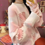 Damen Gemusterter Strickpullover mit Herz-Applikationen und Rippkragen R&B