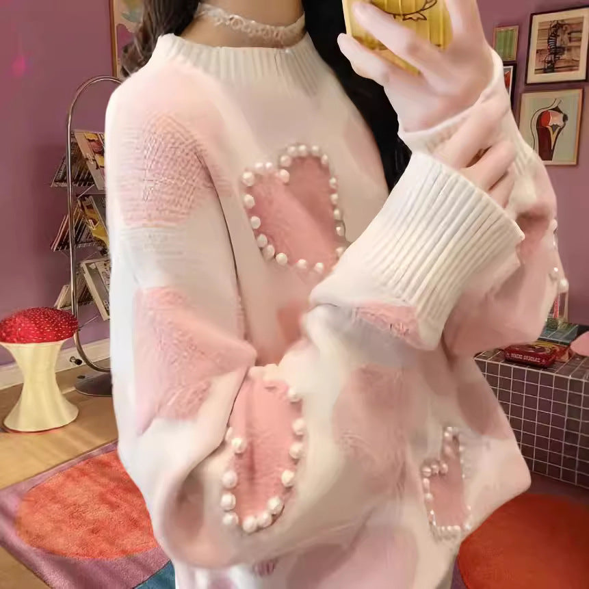 Damen Gemusterter Strickpullover mit Herz-Applikationen und Rippkragen R&B
