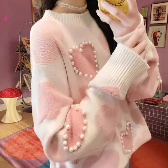 Damen Gemusterter Strickpullover mit Herz-Applikationen und Rippkragen R&B
