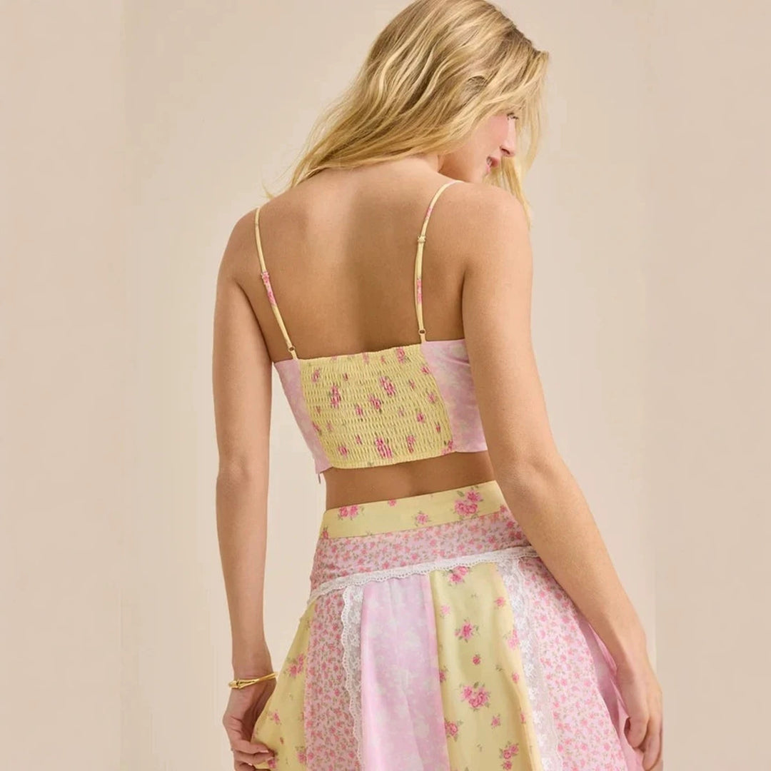 Damen nan romantisches Crop-Top mit Spaghettiträgern und gestuftem Patchwork-Maxirock R&B