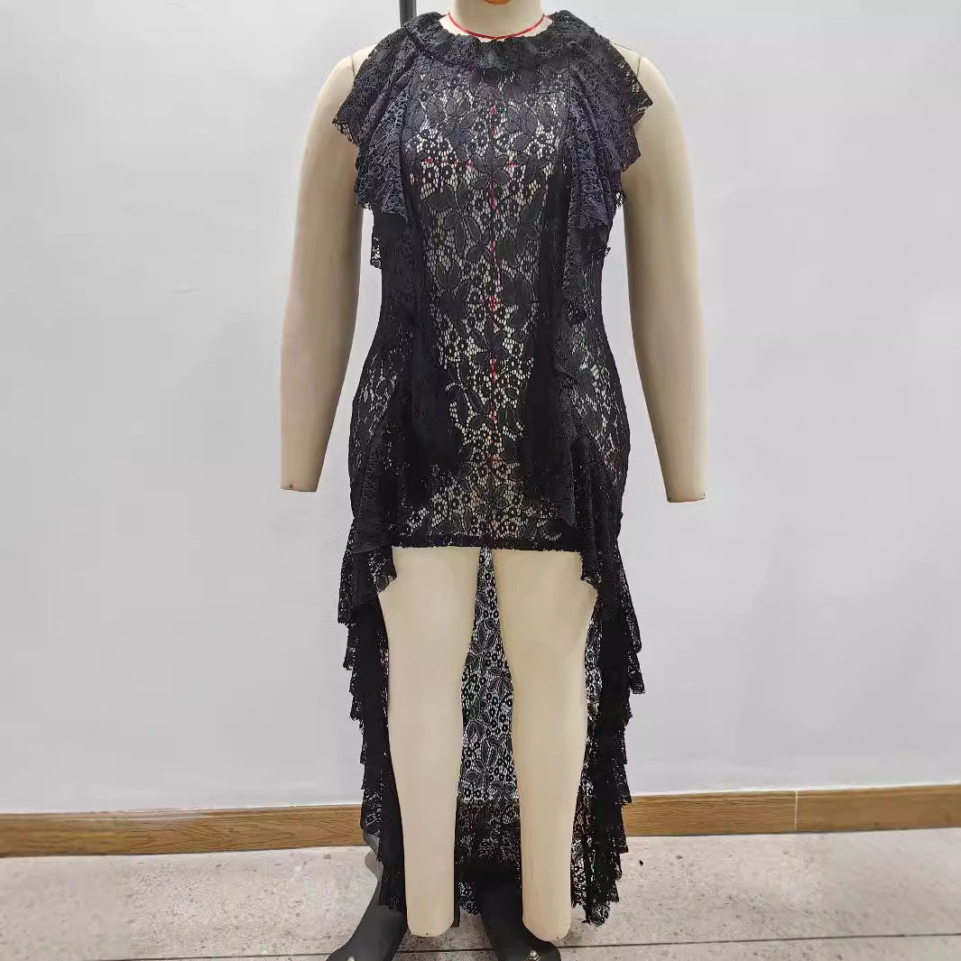Damen elegantes Spitzenkleid mit Rüschendetails R&B