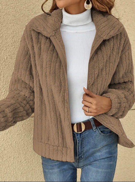 Damen Kuschelige Fleecejacke mit hohem Kragen und texturiertem Design R&B