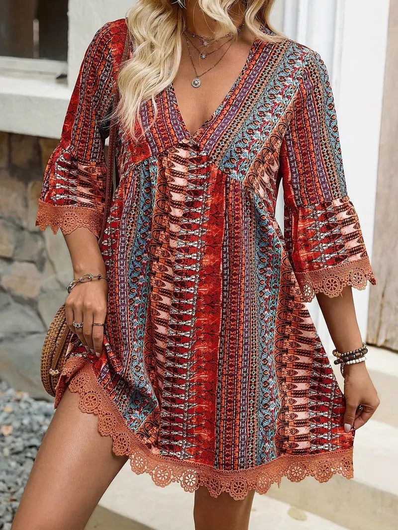 R&B | Bedrucktes Freizeitkleid mit V-Ausschnitt