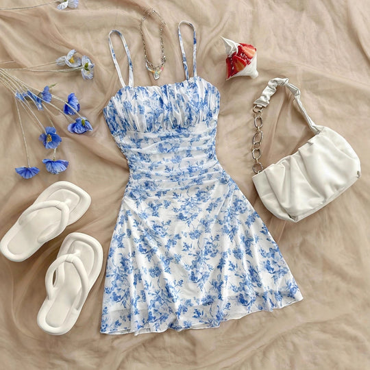Damen Sommerliches Blumenkleid mit Spaghetti-Trägern und Raffungen R&B