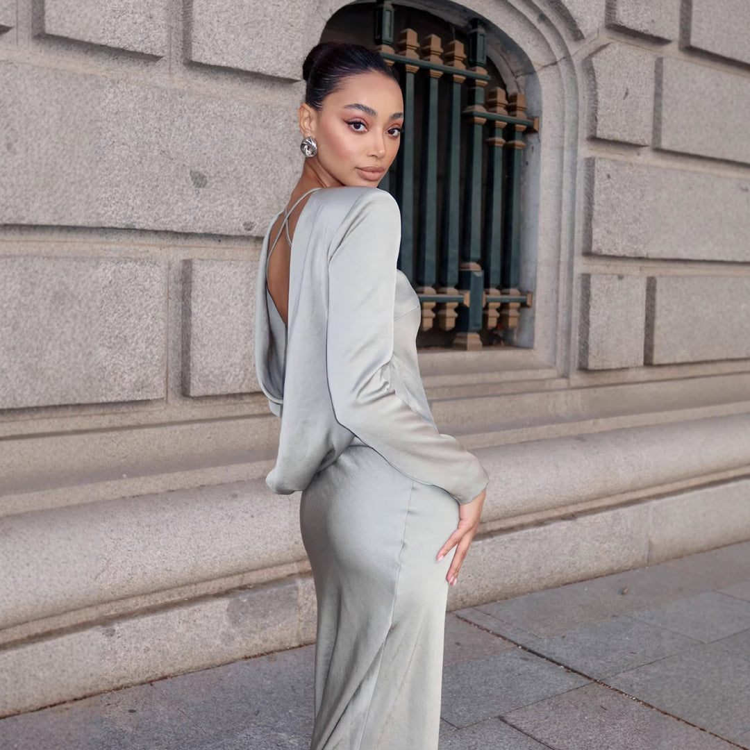 Damen Elegantes Langarmkleid mit glänzendem Satin-Obermaterial und figurbetonter Silhouette R&B