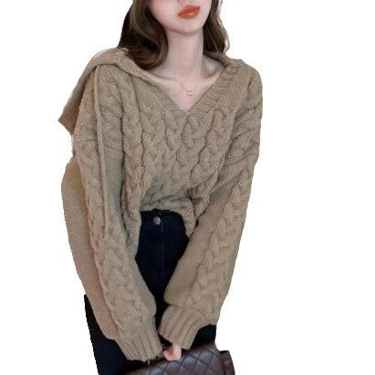 Damen Zopfmuster Pullover mit Kapuze und V-Ausschnitt R&B