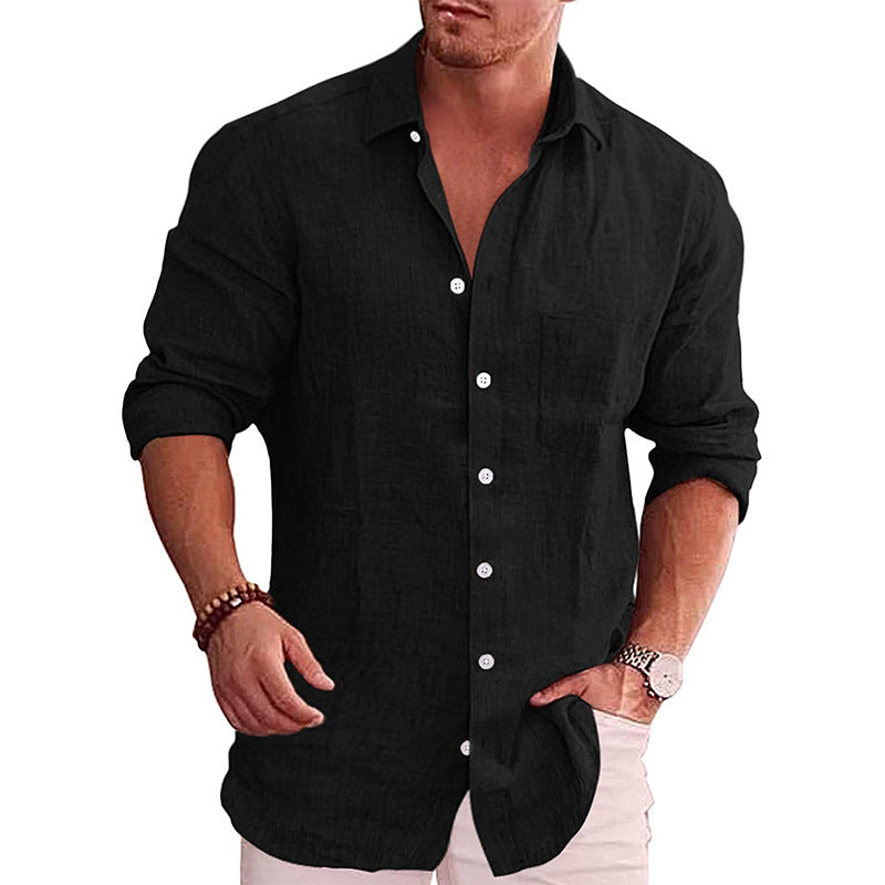 Herren lässiges Leinenhemd mit Brusttasche und Rollkragen R&B