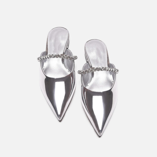 Damen elegante Pantoletten mit glitzerndem Riemen und spitz zulaufender Form R&B