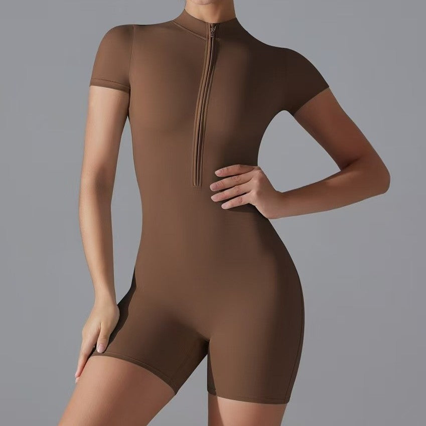 Damen Sportliche Kurzarm-Jumpsuit mit Reißverschluss R&B