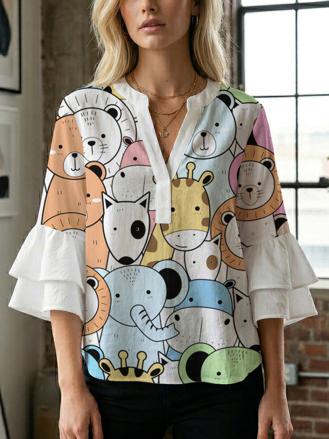 Damen lässige Bluse mit Volantärmeln und botanischem Druck R&B