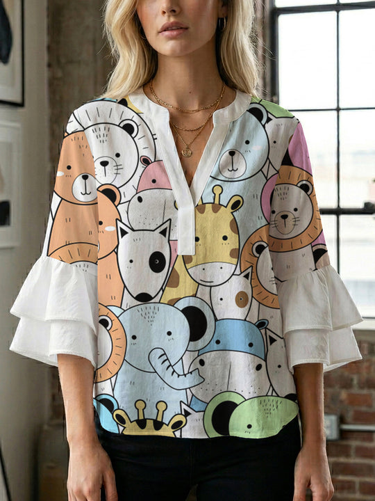 Damen lässige Bluse mit Volantärmeln und botanischem Druck R&B