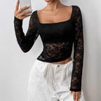 Damen Elegantes Langarm-Top aus Spitze R&B