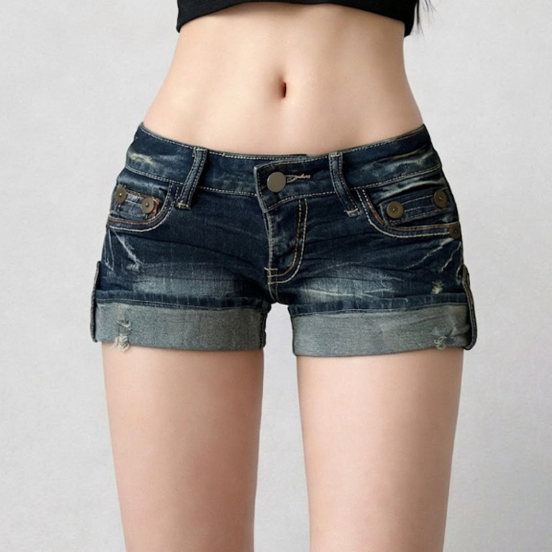 Damen lässige Denim-Shorts mit modischen Distressed-Details und umgeschlagenem Saum R&B
