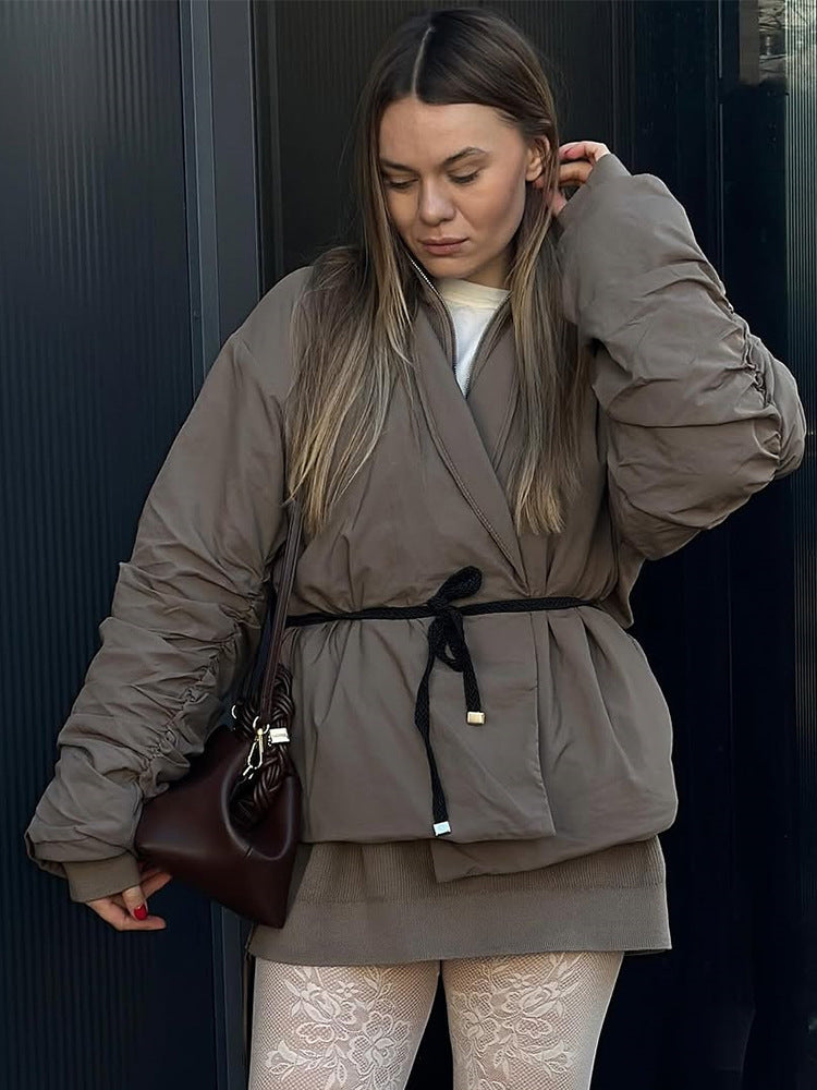 Damen lässige kurz geschnittene Jacke mit Taillengürtel und voluminösen Ärmeln R&B
