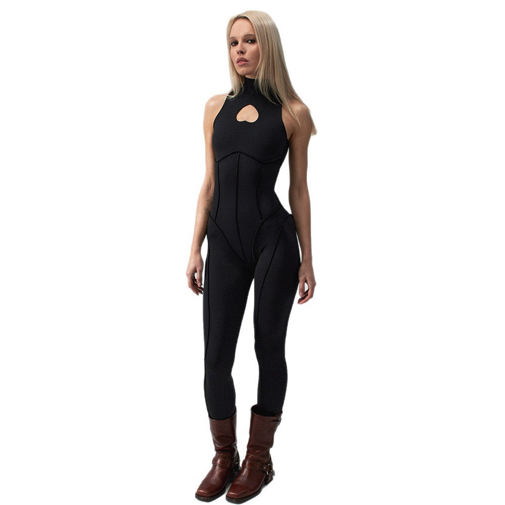 Damen Eleganter Bodycon-Jumpsuit mit herzförmigem Ausschnitt und hoher Kragen R&B