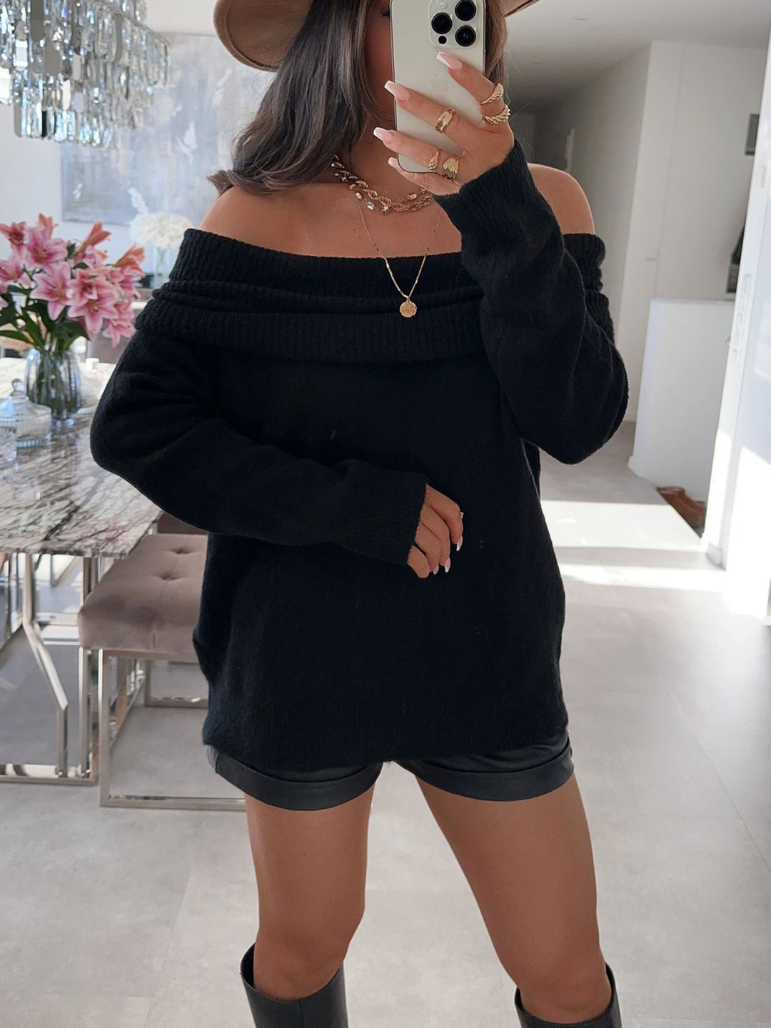 Damen lässiger Off-Shoulder Pullover mit Rippenstruktur R&B