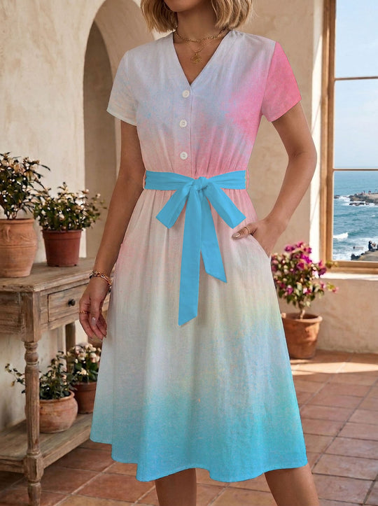 Damen Sommerliches Kleid mit taillierbarem Bindegürtel und floralem Muster R&B