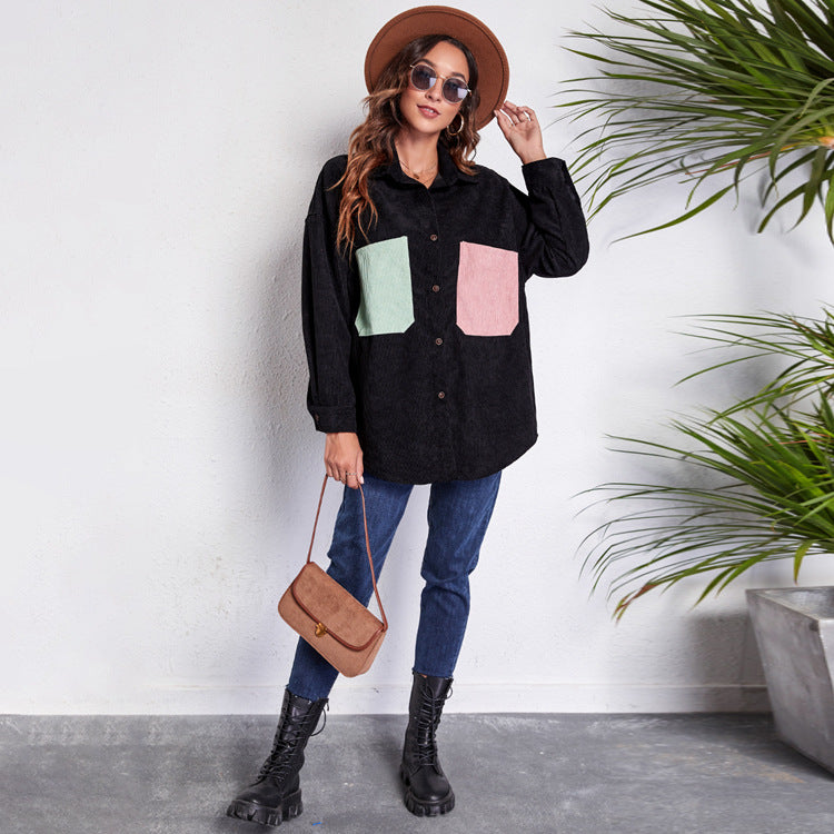 Damen Oversized Cordjacke mit bunten Taschen R&B