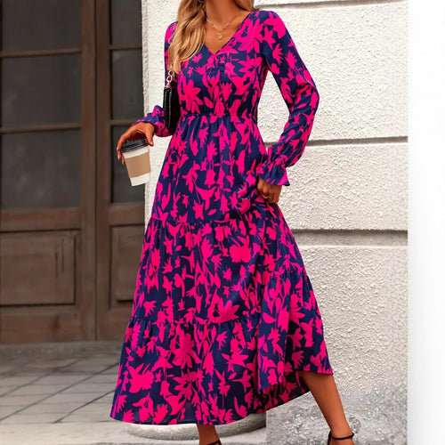 Damen Maxikleid mit V-Ausschnitt und voluminösen Ärmeln R&B