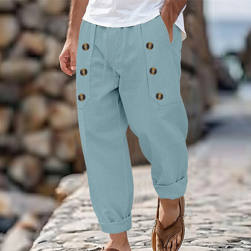 Herren lässige Leinen-Cargo-Hose mit praktischen Knöpfen und seitlichen Taschen R&B