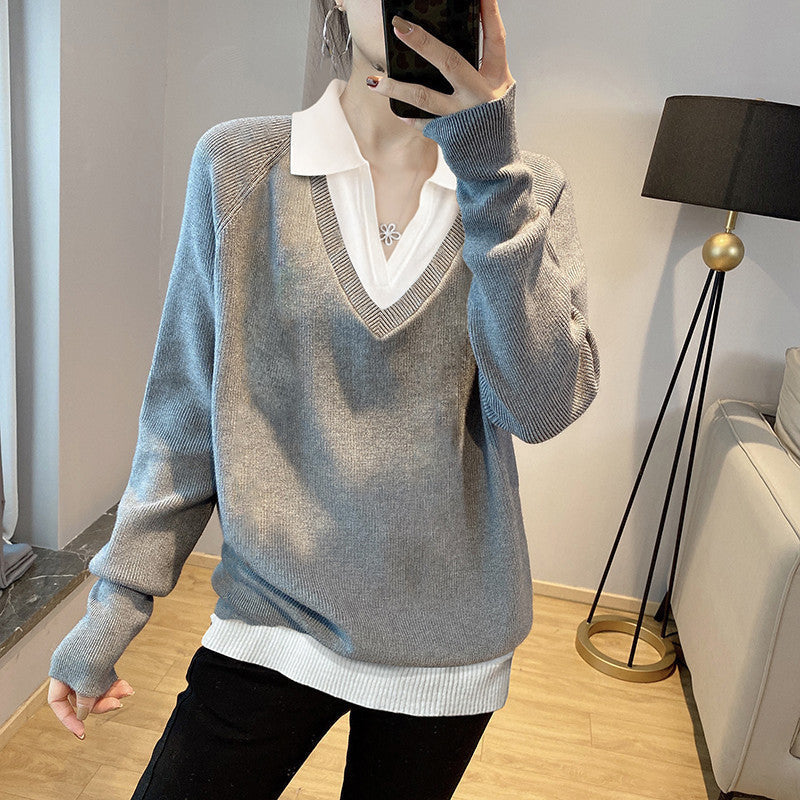 Damen V-Ausschnitt Pullover im Layering-Stil mit kragen R&B