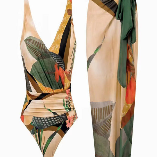 Damen Einteiler Badeanzug mit floralem Wickelrock R&B