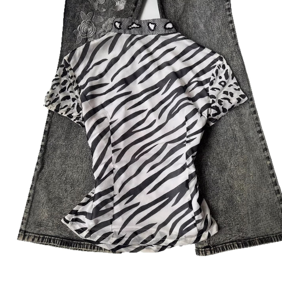 Damen Modisches T-Shirt mit tierischem Muster und dekorativem Kragen R&B