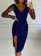 Damen elegantes Wickelkleid mit transparenten Ärmeln und schimmerndem Sternenmuster R&B