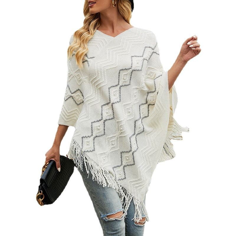 Damen eleganter Poncho mit auffälligem Strukturmuster und dekorativen Fransen R&B