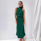 Damen Fließendes Maxikleid mit elegantem Stehkragen und Drapierung R&B
