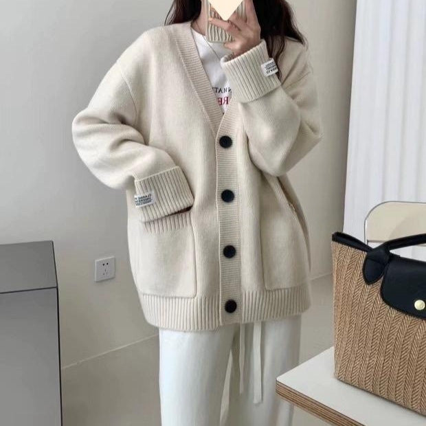 Damen Grob gestrickter Cardigan mit großen Taschen und tiefem V-Ausschnitt R&B
