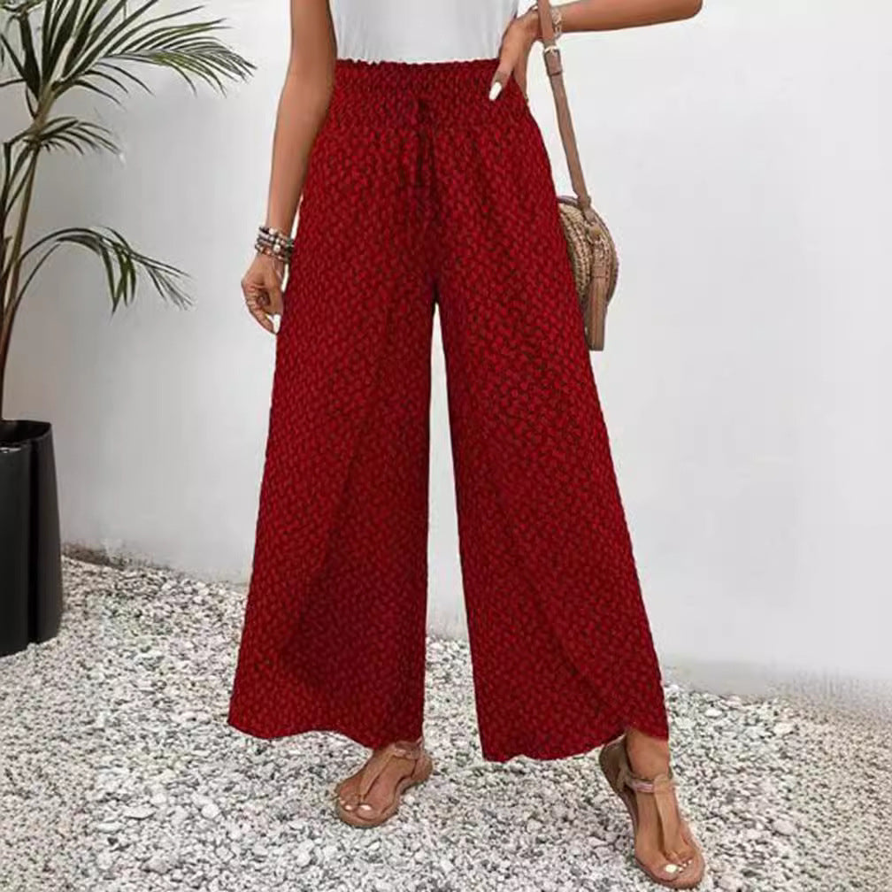 Damen nan weite Sommer-Palazzohose mit gerafftem Komfortbund, fließender Beinweite und geometrischem Allovermuster R&B