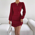 Damen figurbetontes Kleid mit Rüschensaum und langen Ärmeln R&B