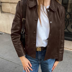 Damen Modische Kunstlederjacke mit praktischen Taschen und elegantem Kragen R&B