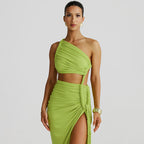 Damen Elegantes, einseitiges Maxikleid mit raffinierten Drapierungen R&B