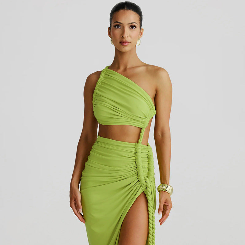 Damen Elegantes, einseitiges Maxikleid mit raffinierten Drapierungen R&B