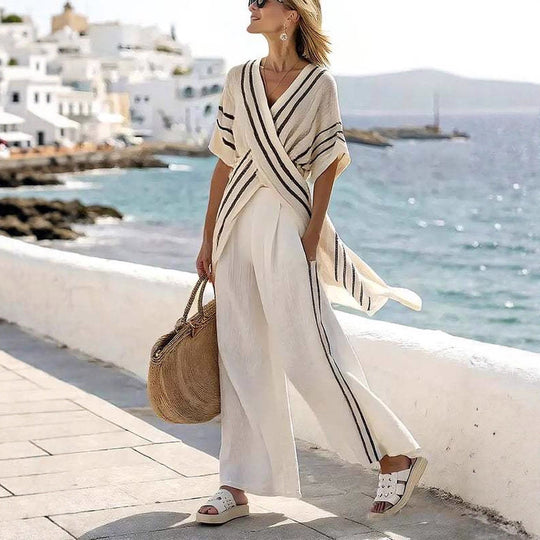 Damen nan resort-inspiriertes Set mit überkreuzter Kimono-Tunika und hochgeschnittener Palazzohose R&B