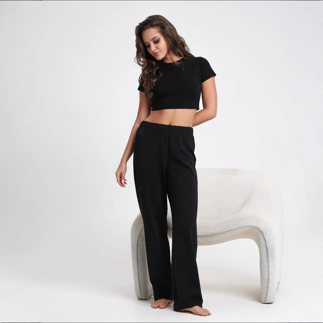 Damen lässiges Set mit cropped Oberteil und weiten Stoffhosen R&B