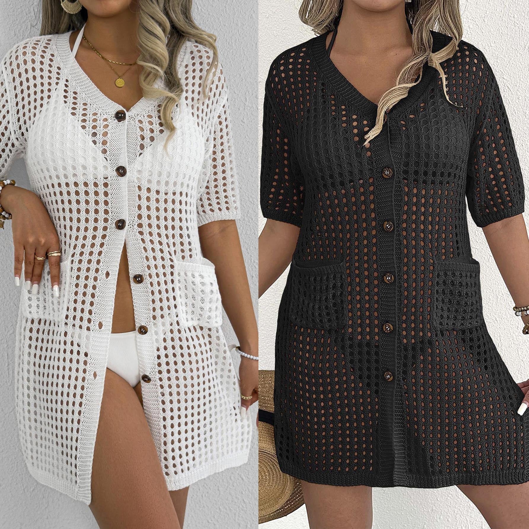 Damen luftiger Häkelschal mit dekorativen Knopfdetails R&B