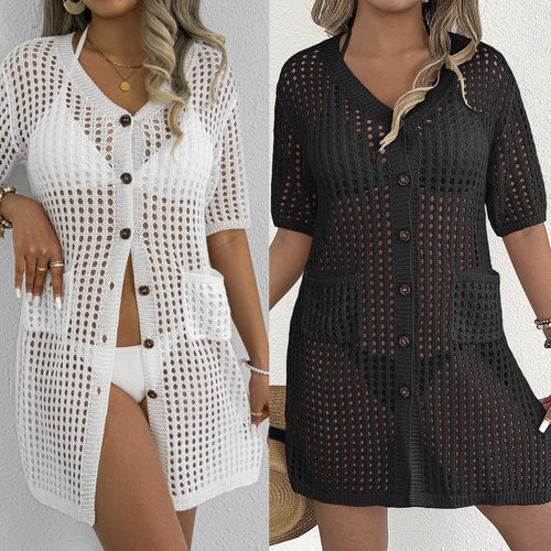 Damen luftiger Häkelschal mit dekorativen Knopfdetails R&B