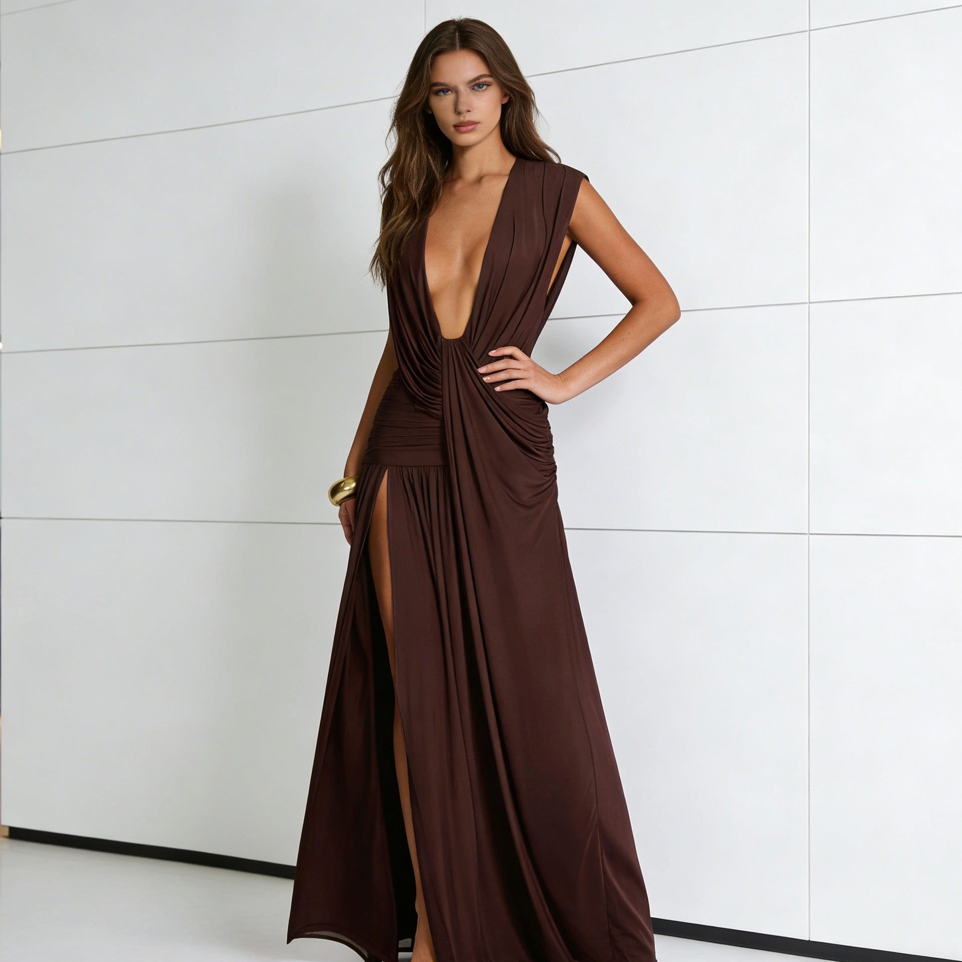 Damen Elegantes Wickelkleid mit tiefem V-Ausschnitt und seitlichem Schlitz R&B